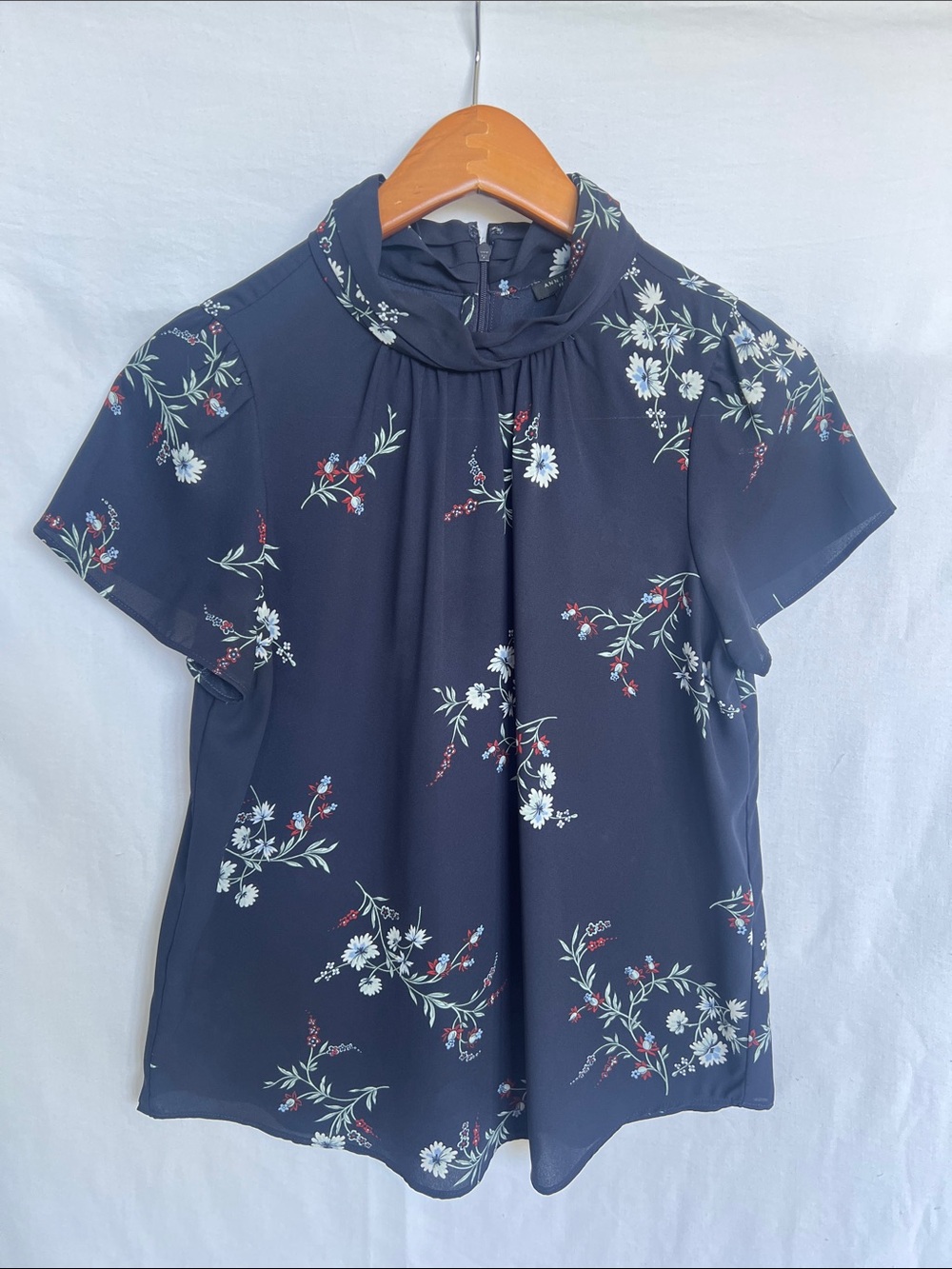 Ann Taylor Navy Floral Mock Neck Blouse